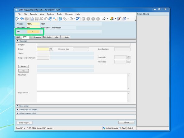 When you click in the "RFI:" field, Viewpoint will automatically create the next numerical value for your RFI.  If the value is incorrect, you can change it.