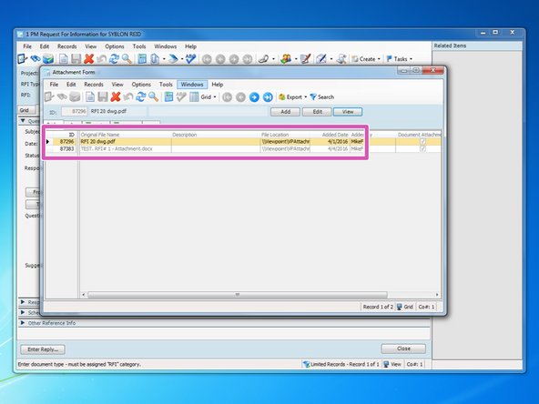 In this example, the first entry is the marked-up drawing, and the second attachment is the RFI template.