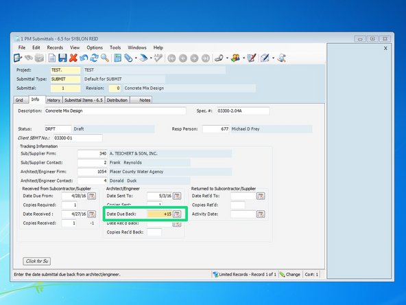 Wen entering in dates, you can type them in, select them from the calendar icon, or type in the + symbol and the amount of days from today that the submittal is due back.  Viewpoint will count the days in calendar days.