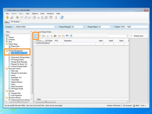 From the Change Management folder, select the "Pending Change Orders" program and click on the "Create New Item" icon.