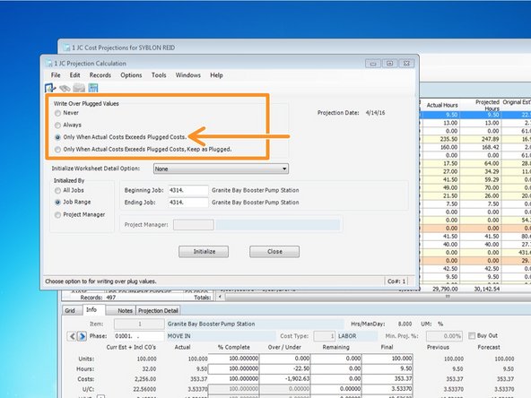 The large majority of the time, you should click on "Only when Actual Costs Exceeds Plugged Costs".  What this will do is, if you previously overwrote a projected cost with a "plugged" cost, it will keep your plugged cost UNLESS your actual cost exceeds your plugged cost.  In that case, it will keep your actual cost.