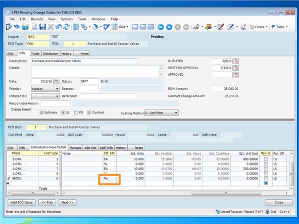 If you are creating a new phase code, be sure to change the Estimate Unit of Measure to the one you want to use.  Once it is set up, the Unit of Measure can not be changed.  If the phase code is already set up, it will default to the phase code's Estimate Unit of Measure, otherwise it will default to LS.