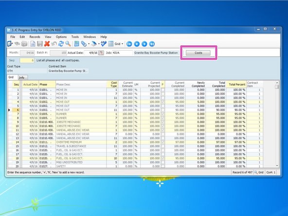 You can view what costs have been charged to each phase code by clicking on the "Costs" button.