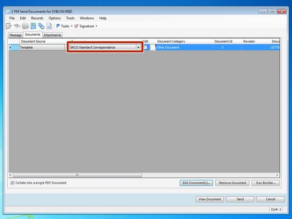 The default "Document" for this document type is "SRCO Standard Correspondence".  If you have a custom template made, you can select it from the drop down menu.