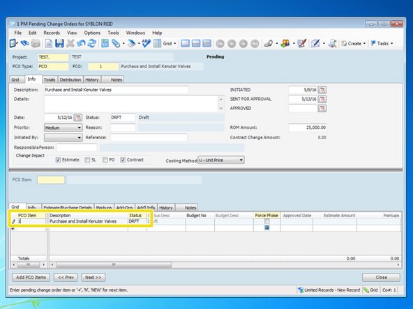 Once the PCO is created, you need to begin adding the Items that make up the PCO.  A PCO should have at least one item but if the PCO covers many different items or scopes, you can add more items for each. From the "Grid" tab, type in "1" in the "PCO Item" column and the description and status will default to the values of the main PCO.