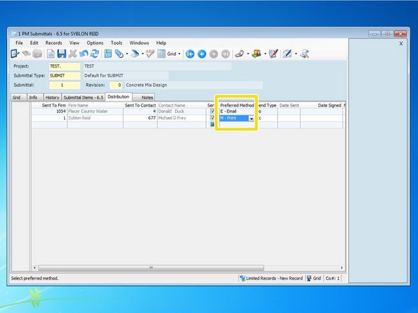 There is a drop down menu for "Preferred Method".  This will automatically default to the preferred method of receiving information set up when setting up the contact.  You can change this to "Print" if perhaps you are turning in hard copies of submittals.  When you press "Send" to deliver the submittal, it will be sent to your default printer.