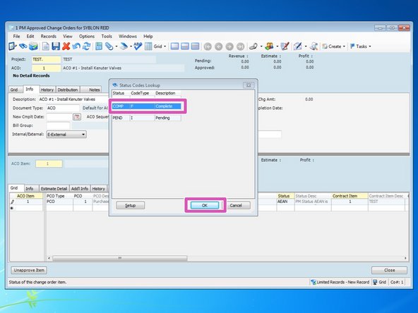 From the Lookup screen, select the "COMP" status and click "OK".