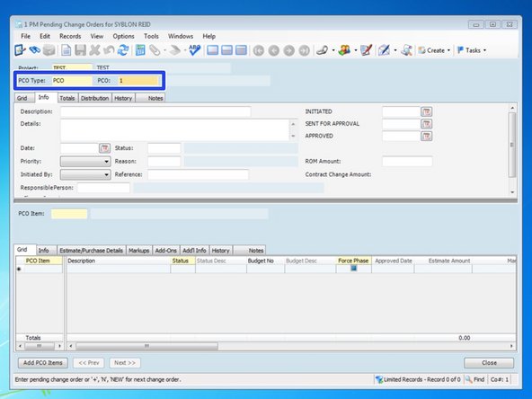 The "Info" tab is the easiest tab to enter all the information in.  You can also create the PCO from this tab by entering the "PCO Type" as well as the "PCO" number.  If you created your PCO from the "Grid" tab, it will be easiest to enter in the remaining information from this "Info" tab.
