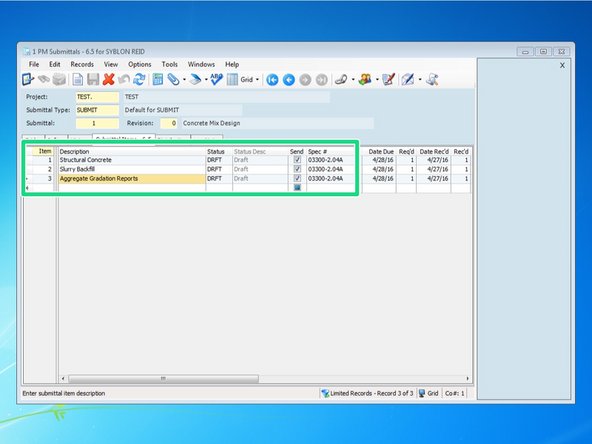 The information entered here is only useful if the Submittal template is set up to show items included in the submittal.  Our default Submittal template includes this feature but not all of the Owner's submittal sheets do.