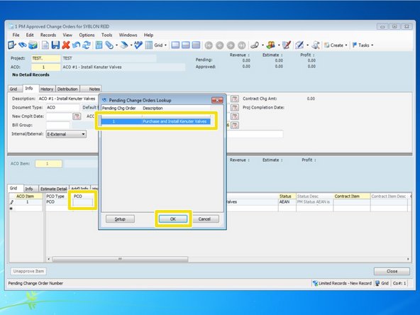 Next, select which PCO you want to incorporate in to this ACO.  For a list of available PCOs, press the F4 key under the "PCO" field, select the PCO # and select "OK"