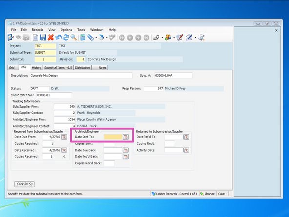 The date that you enter in to the "Date Sent To:" field will be the date that appears on the submittal.