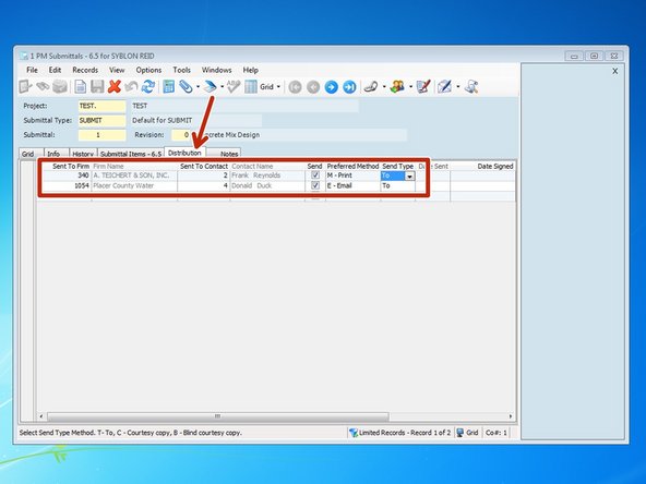 When you click on the distribution tab, the name and contact of the Sub/Supplier firm and Architect/Engineer firm from the info tab will automatically populate.