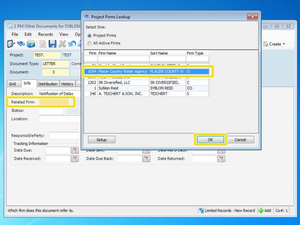 You will need to add a related firm to your letter, the firm that your letter is going to.  From the "Related Firm" field, you can press the F4 key to choose from Viewpoint's lookup screen if you do not know your Firm's number.