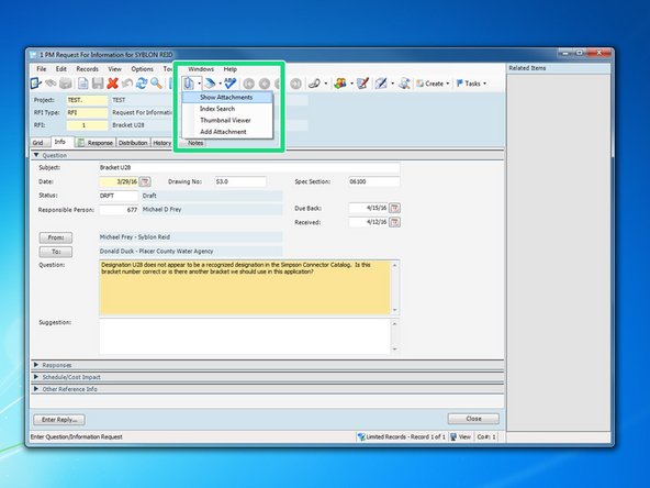 If you want to make modifications to an attachment, such as add text, arrows, cloud, etc., you can do it by clicking the paper clip icon, selecting "Show Attachments".