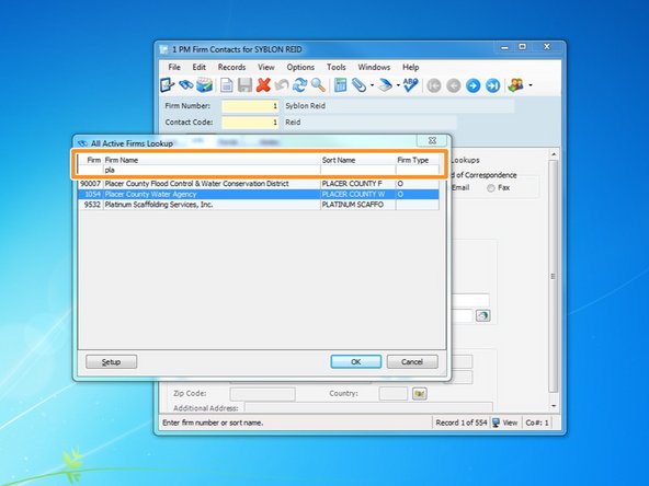 Narrow your results by typing in one of the "search" fields.  Select the firm you want to add a contact to and click "OK".