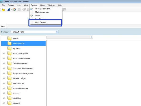 In the Options menu, click on Work Centers