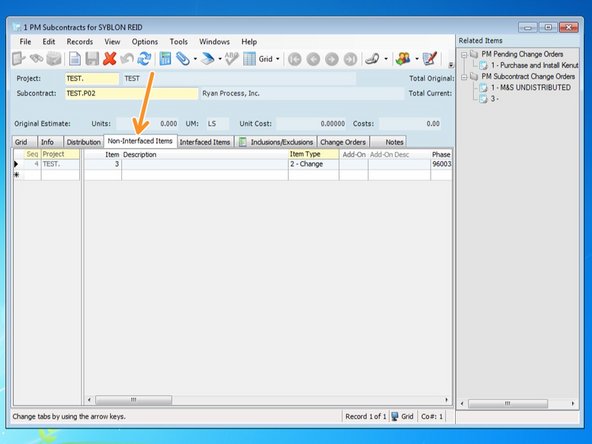 When the Change Order is created form the PCO Module, it is created as a "Non-Interfaced Item" for that subs main Subcontract.  Ensure that the project number and subcontract are correct and click on the "Non-Interfaced Items" tab.