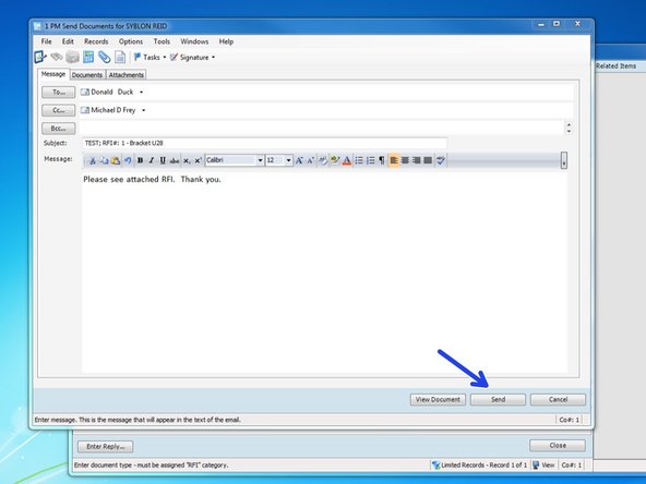 Once complete, click on the "Send" button to send your RFI.  If your recipient is selected to receive the RFI via email, Viewpoint will automatically send the email.  If your recipient is selected to receive the RFI via Print, your RFI will be sent to your default printer.