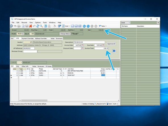 The "Invoice Total" is the dollar amount entered by A/P and the number that should be on the invoice.  If you have multiple phase codes, be sure the "Net" amount equals the "Invoice Total".
