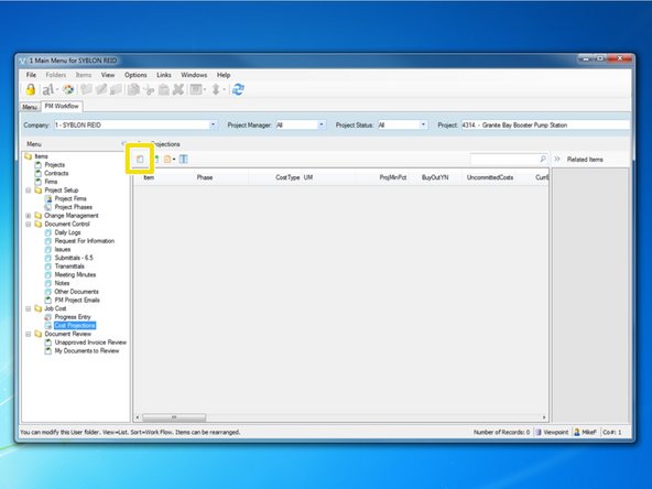 To begin calculating new projections, select the "Create New Item" icon.