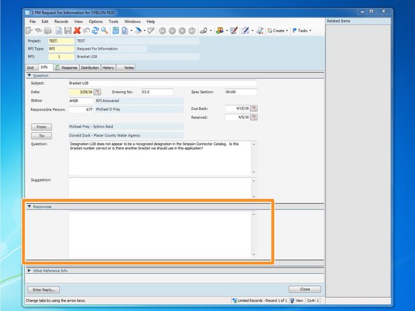 If you get an RFI response through an email, or if you scan a paper copy of a response, you should add the response to your attachments by dragging and dropping the attachment over the RFI entry, similar to adding the drawing in STEP 15