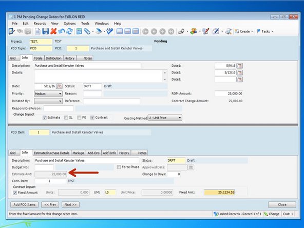 Viewpoint will try and estimate what it thinks your contract value should be based upon predetermined markups and add-ons.  Be sure you check "Fixed Amount" and type in the actual amount of the change order.