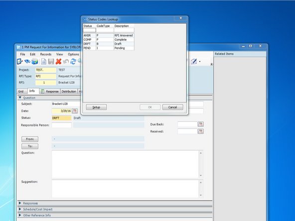 Pressing the F4 key will enable Viewpoint's lookup function and show you a list of different statuses that you must choose from.  Typically the RFI is a "DRFT" Draft until it is submitted, then the status can be changed to "PEND" for Pending.  Once it is answered, the status can be changed to "ANSR" for RFI Answered.