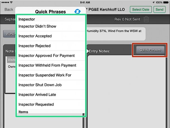 The entry notes section is for all other notes regarding to the job that day.  These notes are not tracked, like note indexes are, and allow more for free form note taking.  Quick phrases are available for commonly used phrases.