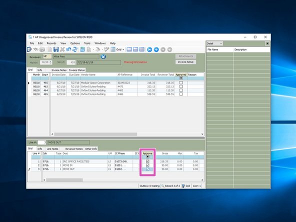From the lower section of the invoice review window, if all information is correct, click the "Approve" check box on each item.
