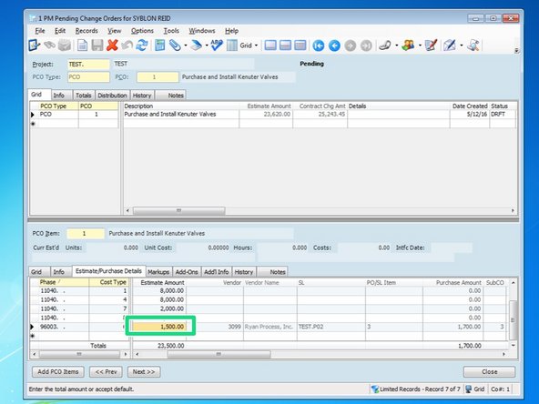 There are two places to add costs.  Under the "Estimate Amount" column, put the amount that the PCO will increase the budget.