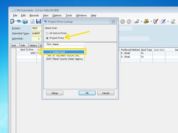 From the look up table, select "Project Firms", then select the Firm of the contact you wish to add and press "OK".  If you do not see the firm listed, you will need to add the firm and contact to your list of Project Contacts.  For help on this issue, see "Adding Firms and Contacts to Your Project".
