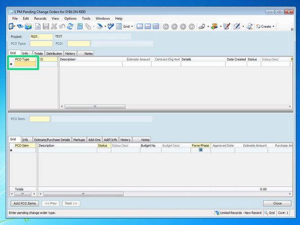 Viewpoint will automatically open the program and direct you to the "Grid" tab.  To begin your PCO from this tab, first you need to enter a "PCO Type" for the change order.  If you press the F4 key, you will see a list of types to choose from.