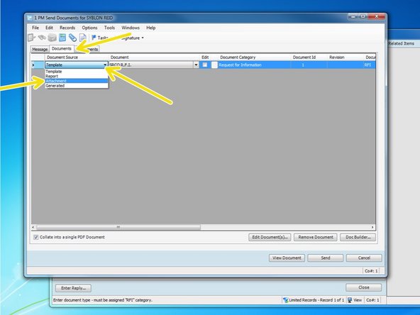 From the "Documents" tab, select the drop down arrow for "Document Source, and select "Attachment".
