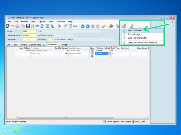 Once these steps are complete, you can finalize and deliver the submittal.  From any of the tabs, select the drop down arrow next to the pen and envelope icon and select "Send Document".