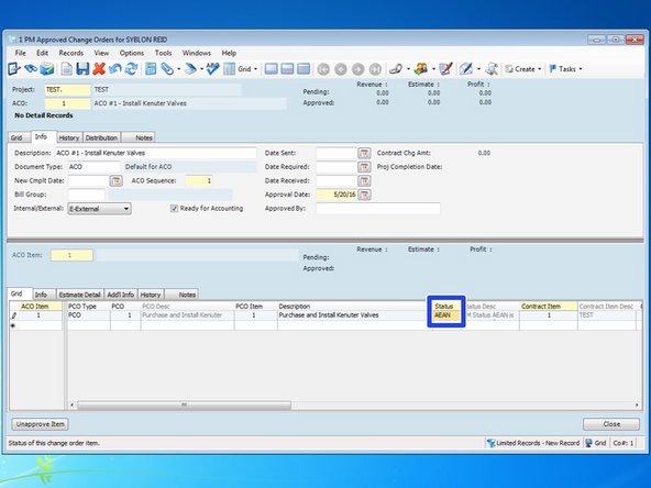 You need to change the "Status" of the ACO.  Viewpoints default value is AEAN but this is not a recognized Status for ACOs.  Select the Status field and press the F4 key.