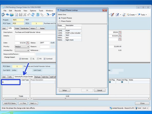 From the "Estimate/Purchase Details" tab, you can enter in the first phase code associated with this item.  You can also press the F4 key to see Viewpoint's lookup menu to view a list of Project Phases.  Also, add the cost type for that phase code.