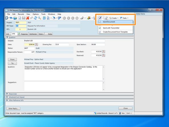 To send the RFI, click on the "Create and Send" Icon and click "Send Document".
