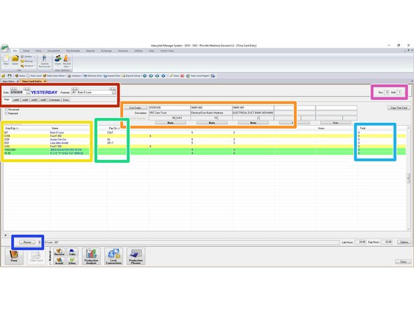Clicking on the Time Card button at the bottom or on the bar at the top will send you to this window to review the time cards. Make sure you are on the Main Tab where you see all the tabs on this window.