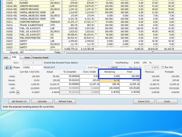 In the middle area is where you can make changes.  Your Remaining and Final units are based off of your claimed units completed.  For tasks with units of measure such as LF, EA, CY, or SF, you can adjust these Remaining and Final units to what you actually expect to complete.