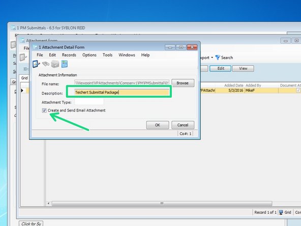 Include a brief description of what the attachment is and ensure that the box is checked for "Create and Send Email Attachment".  This will allow you to attach the this attachment to the submittal when it is sent to the Owner or Engineer.