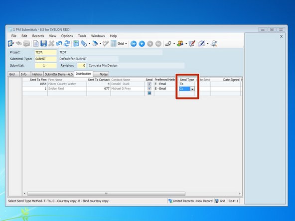 If the submittal is going to be emailed, all contacts will automatically be added to the Send Type "To".  You can select the drop down menu and change any recipients to Cc or Bcc.
