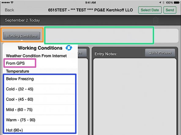From the Diary home screen, press the Working Conditions button
