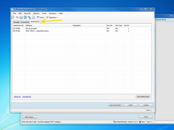 Click on the "Attachments" tab.  Make sure that the file you attached when entering in the RFI information is checked.  Additionally, make sure any other documents that may have been created or attached aren't checked if you don't want them to be sentout as well.