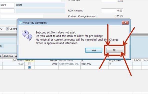 When you attempt to save the record when inputting subcontractor change order information, this screen may pop up.  You need to click no.  Clicking yes will interface this change order which should only be done by the subcontract administrator.