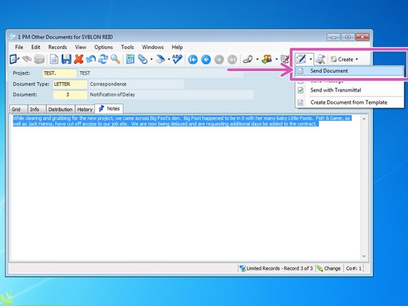 Once done creating the letter body, we are ready to create the document and send it.  Click on the envelope icon and select "Send Document" to review and make any modifications to the template.