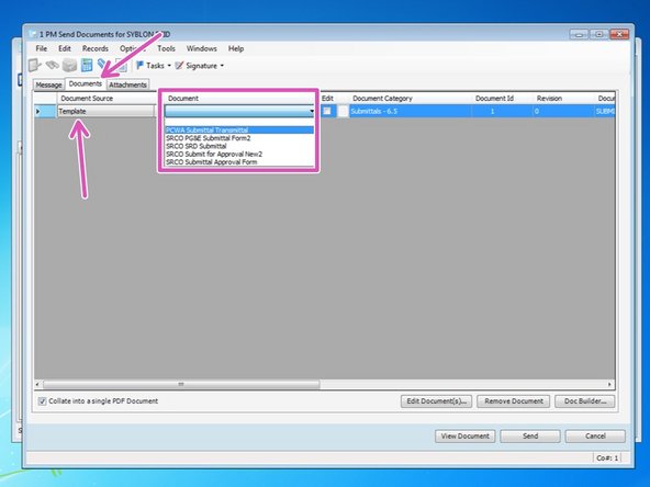 From the "Documents" tab, you will first want to select a cover sheet for your submittal.  Under the "Document Source" column, select "Template".  Under the document, select the cover sheet that you want to use for your submittal.
