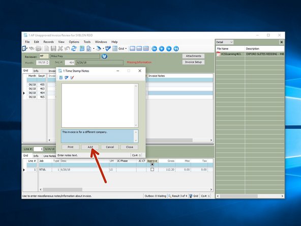 Leave a note and click on "Add", then "Close".