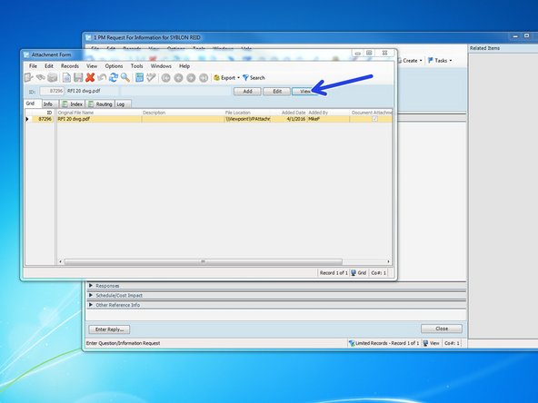 From the list of attachments, click on the attachment you want and click the "View" button.  You can also simply double click on the attachment you wish to view.