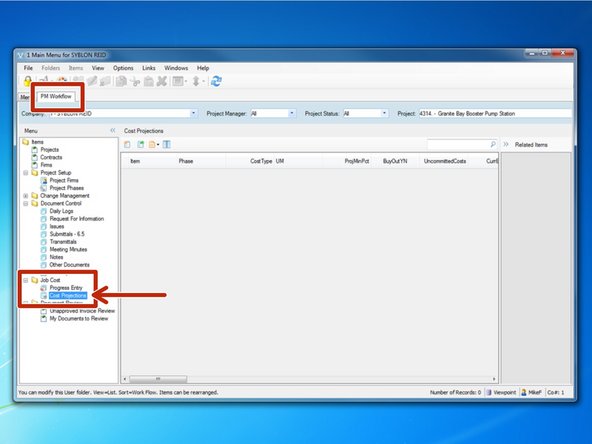 From the "PM Workflow" tab, select the "Cost Projections" program from the Job Cost folder.