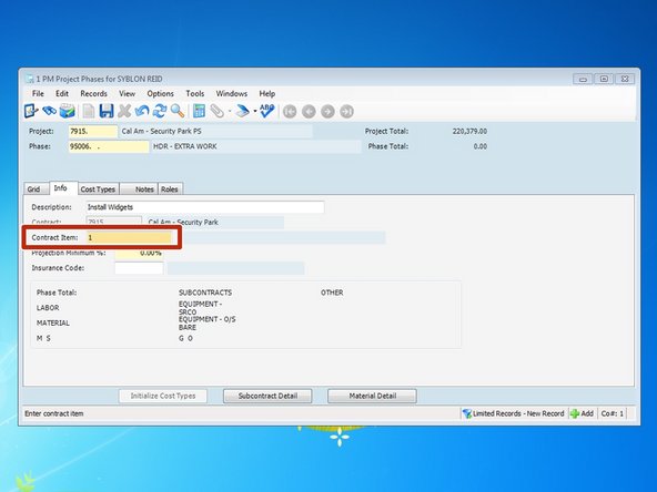 The "Contract Item" should typically be 1.  If we chose to set up the schedule of values from our pay estimate in Viewpoint, you would link your phase codes to it's corresponding contract item number. You can press the F4 key to see the list in Viewpoint's look up feature.